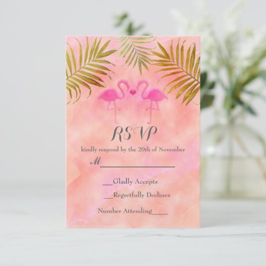 Twee Roze Flamingo's Waterverf Strandbruiloft RSVP (Staand voorkant)