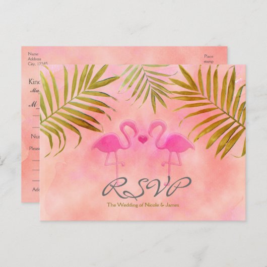 Twee roze Flamingos Waterverf Weddenschap RSVP-kaa Uitnodiging Briefkaart (Voorkant / Achterkant)
