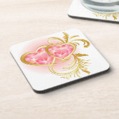 Twee roze juwelen harten bier onderzetter (Linkerzijde)