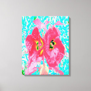 Twee roze rode koraal pruim gekke hibiscus op aqua canvas afdruk