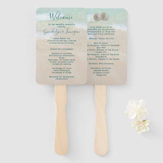 Twee Sand Dollars Beach Scene Fan Wedding Programm Handwaaier (Voorkant en achterkant)