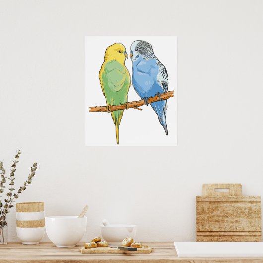 Twee schattige blauwe en groene boedgies poster (Keuken)