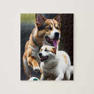 Twee schattige honden rennen en voetballen legpuzzel