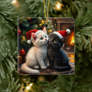 Twee schattige kerstkatjes met kerstmannenhoeden keramisch ornament