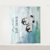Twee Schattige Pinguïn Baby Shower Achtergrond Wandkleed (Voorkant)