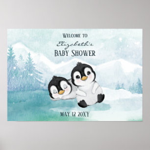 Twee Schattige Pinguïns Illustratie Baby shower Poster