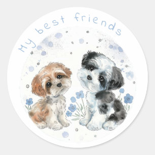 Twee schattige puppies, gepersonaliseerd ronde sticker