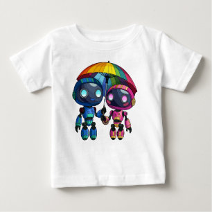 Twee schattige robots met een kleurrijke paraplu