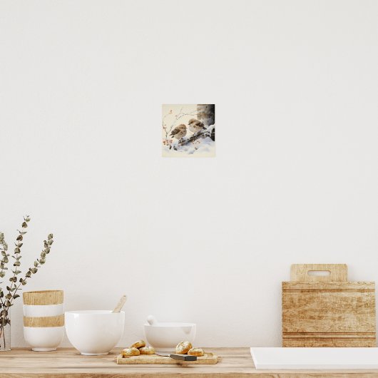 Twee schattige vogels op ijsbedekte tak, Art Poster (Keuken)