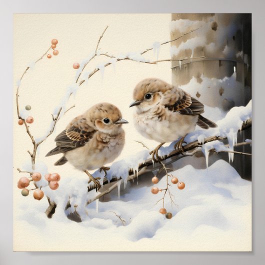 Twee schattige vogels op ijsbedekte tak, Art Poster (Voorkant)