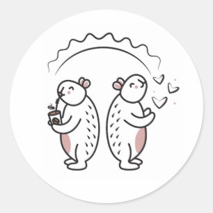 Twee schattige zwarte lijn capibara's ronde sticker