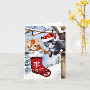 Twee Schattigee Kittens Kerst Kous Rode Pet Blank Kaart