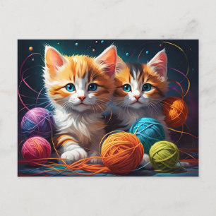 Twee Schattigee kittens met bolletjes garen Briefkaart