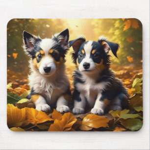 Twee Schattigee Puppies spelen in herfst bladeren Muismat
