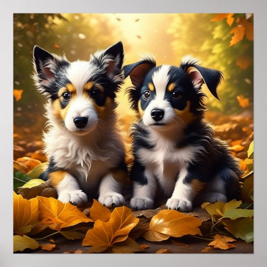 Twee Schattigee Puppies spelen in herfst bladeren Poster (Voorkant)