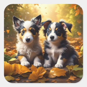 Twee Schattigee Puppies spelen in herfst bladeren Vierkante Sticker