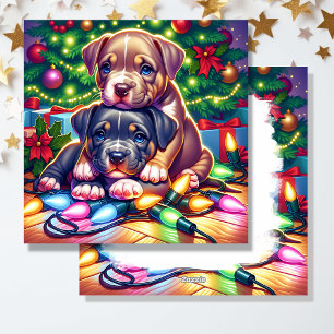 Twee Schattigee Puppies spelen onder de kerstboom Feestdagenkaart