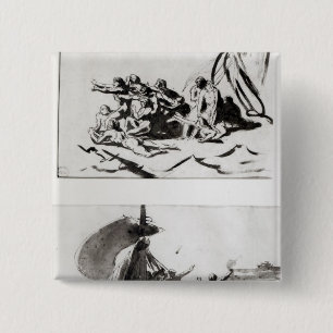 Twee schetsen voor de achterzijde van de medaille, vierkante button 5,1 cm