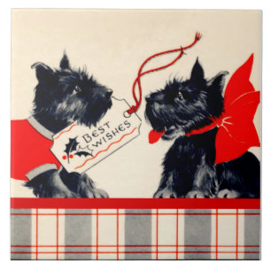 Twee Scottie Dogs, Black Scottish Terrier Ornament Tegeltje