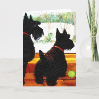 Twee Scottie Dogs die wachten op de kerstman Feestdagen Kaart
