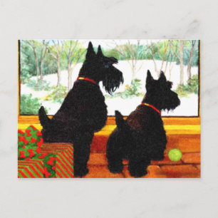 Twee Scottie Dogs die wachten op de kerstman Feestdagenkaart