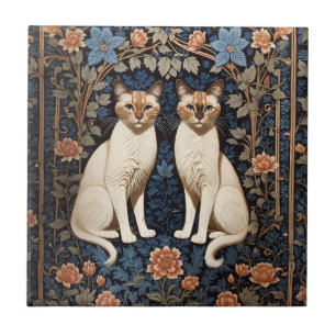 Twee Siamese katten William Morris geïnspireerd Tegeltje