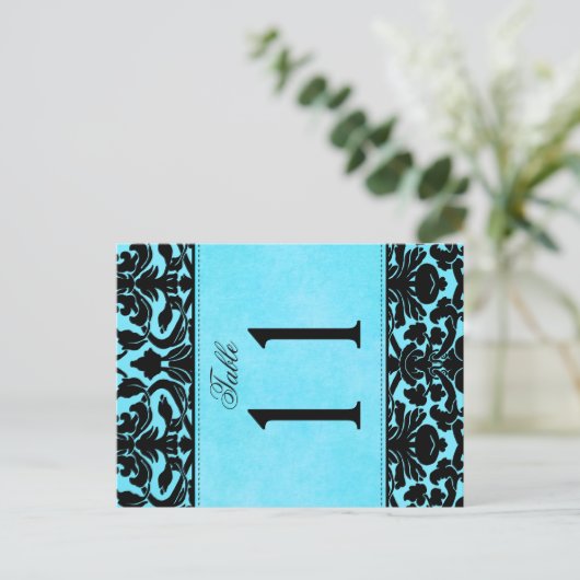 Twee Sided Blue en Black Damask Table Number Briefkaart (Staand voorkant)