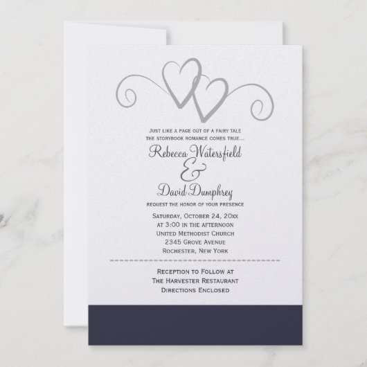 Twee 'Silver' en 'Navy Blue Hearts Wedding' Kaart (Voorkant)