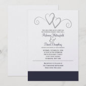 Twee 'Silver' en 'Navy Blue Hearts Wedding' Kaart (Voorkant / Achterkant)