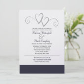 Twee 'Silver' en 'Navy Blue Hearts Wedding' Kaart (Staand voorkant)