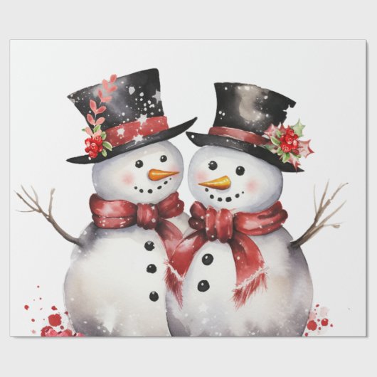 Twee Sneeuwman In Top hoeden en Rode Sjaals Cadeaupapier (Vlak)