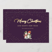 Twee Sneeuwmannen Paars en Goud Sneeuwig Feestdagenkaart (Voorkant / Achterkant)