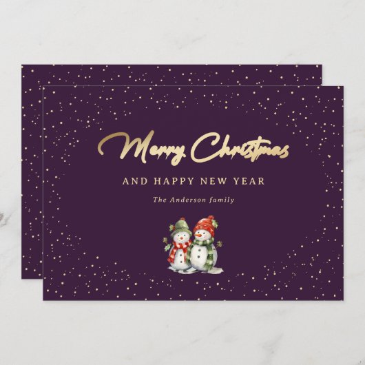 Twee Sneeuwmannen Paars en Goud Sneeuwig Feestdagenkaart (Voorkant / Achterkant)