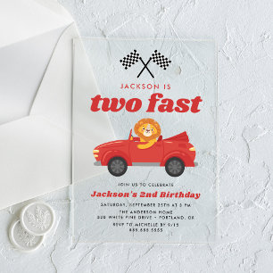 Twee Snel Leeuw Rode Race Auto Jongen 2de Verjaard Acryl Uitnodigingen