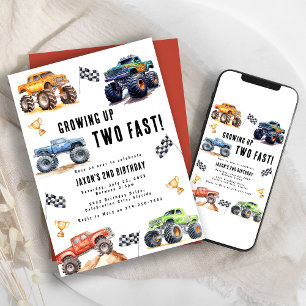 Twee Snel Monster Trucks 2e Verjaardagsfeestje Kaart