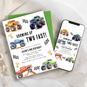 Twee Snel Monster Trucks 2e Verjaardagsfeestje Kaart