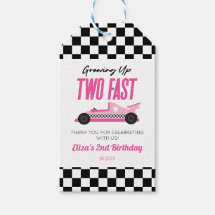 Twee Snel Roze Race Auto 2de Verjaardagsfeestje Cadeaulabel
