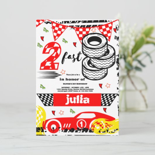 Twee snelle 2e verjaardagsfeestje rode race auto p kaart (Staand voorkant)