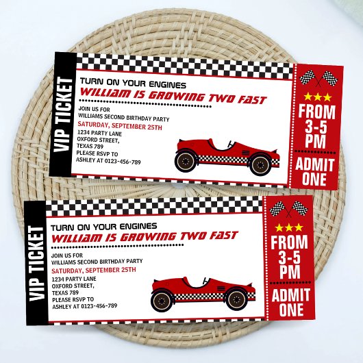 Twee snelle auto race ticket 2e verjaardag uitnodi kaart