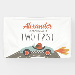Twee snelle blauwe raceautoverjaardag spandoek