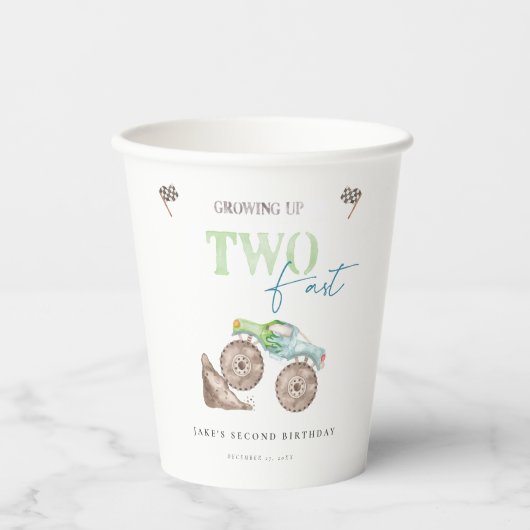 TWEE snelle Monster Trucks Verjaardag Papier Cups Papieren Bekers (Voorkant)