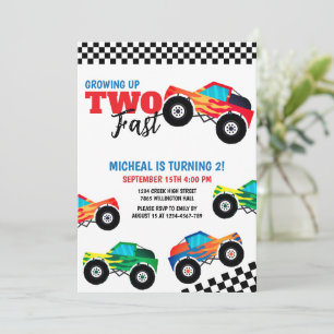 Twee snelle monstertruck tweede verjaardag uitnodi kaart