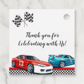 Twee snelle rode raceauto's bedankjes labels (Achterkant)