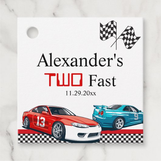 Twee snelle rode raceauto's bedankjes labels (Voorkant)