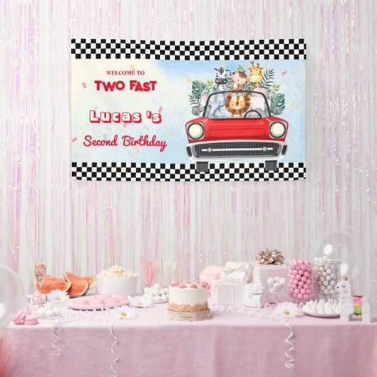 Twee snelle wilde welp oerwoud Race Car 2e HBD Par Spandoek (Feest)