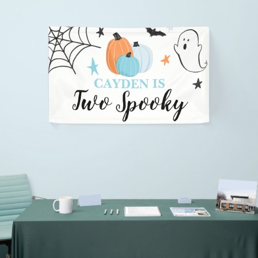 Twee Spooky Halloween blauwe pompoenen 2e verjaard Spandoek (Beurs)