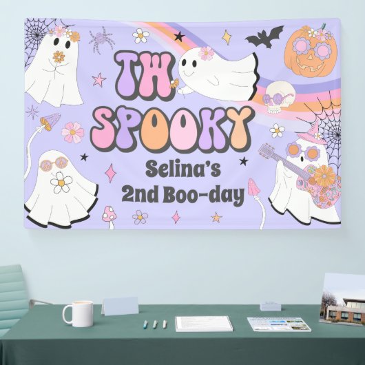 Twee Spooky Halloween Groovy Ghost 2e verjaardag Spandoek (Beurs)