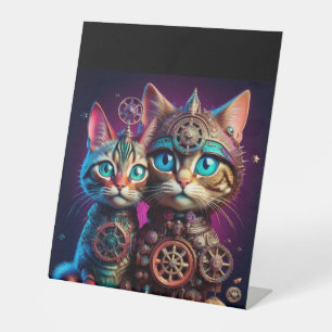 Twee Steampunk Kittens poseren Reclamebord Met Voetstuk
