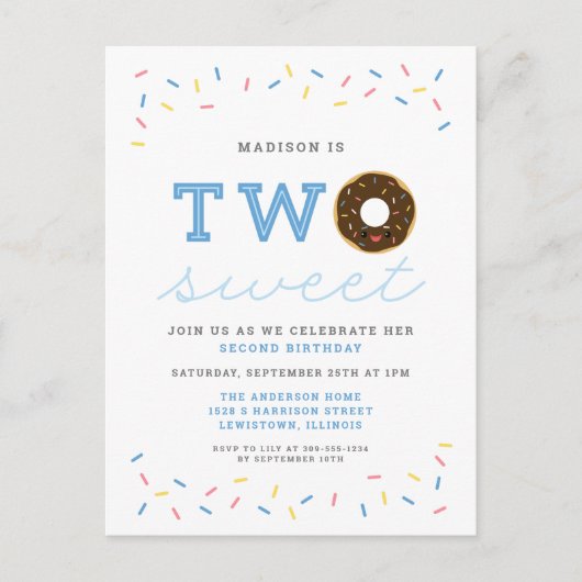 Twee Sweet Donut en Sprinkles Blue 2e verjaardag Uitnodiging Briefkaart (Voorkant)
