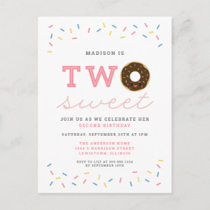 Twee Sweet Donut en Sprinkles Roze 2e Verjaardag Uitnodiging Briefkaart